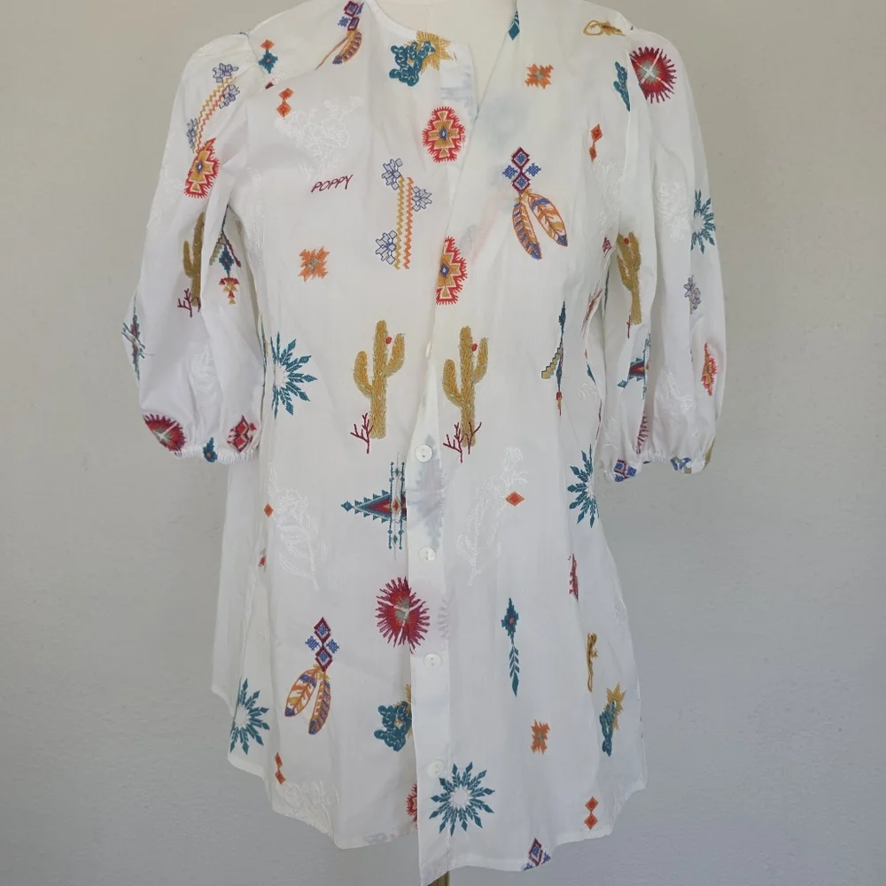 Johnny Was Southwestern Embroidered Top Western Cactus Puff Sleeve S